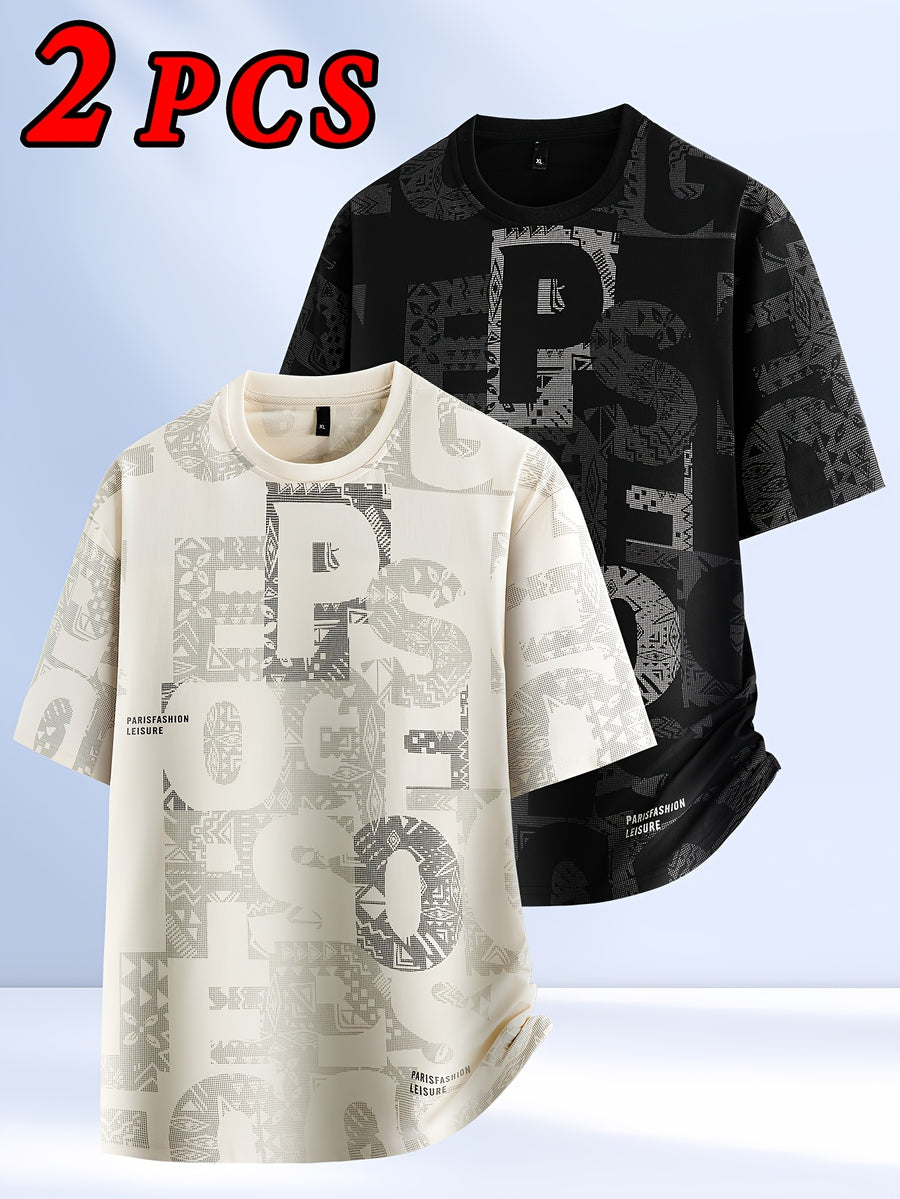 2pcs Men's Short Sleeve T-Shirts, Summer Fashion All-Over Print Short Sleeve Tees, Loose Fit Letter Print Stretch Short Sleeve Sport Tops, Youth Crew Neck Breathable Trendy T-Shirts, Suitable for Daily Wear, College, Street, and Sporty Outfits - 2pcs-Apricot+Black