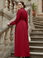 Middle Eastern Muslim Women's Elegant Solid Color Lapel Lace Patchwork Front Button Tie-Up A-Line Abaya Robe - Burgundy
