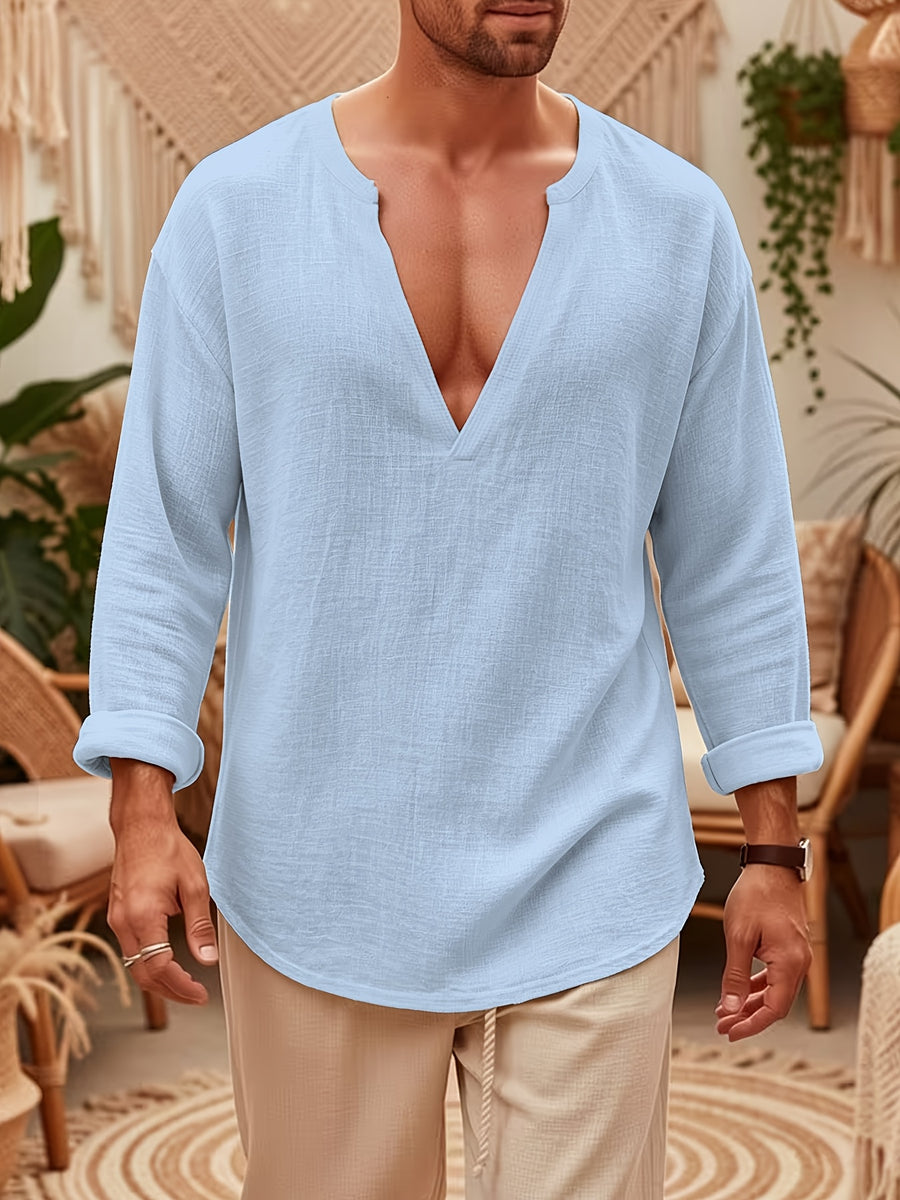 Men'S V-Neck Linen Long Sleeve T-Shirt, Loose Casual Pullover Top, Vacation Style Breathable Solid Color Beach Top - Blue