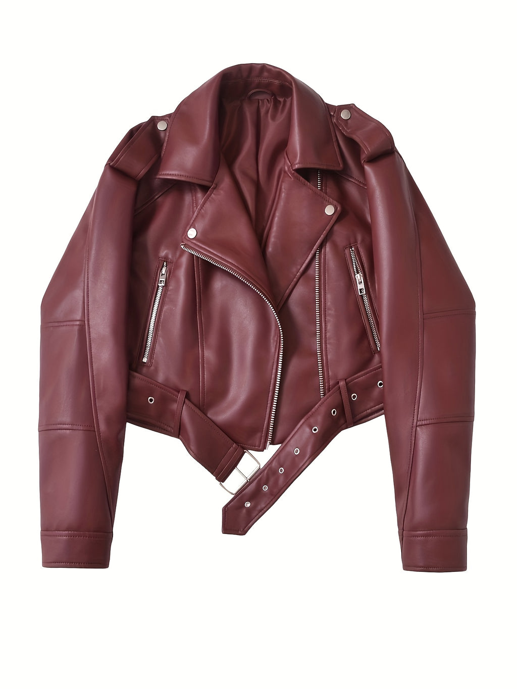 2025 Short Faux Leather Jacket Spring Autumn American Retro Temperament Biker Jacket Top Women'S Clothing - Deep Red