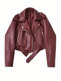 2025 Short Faux Leather Jacket Spring Autumn American Retro Temperament Biker Jacket Top Women'S Clothing - Deep Red