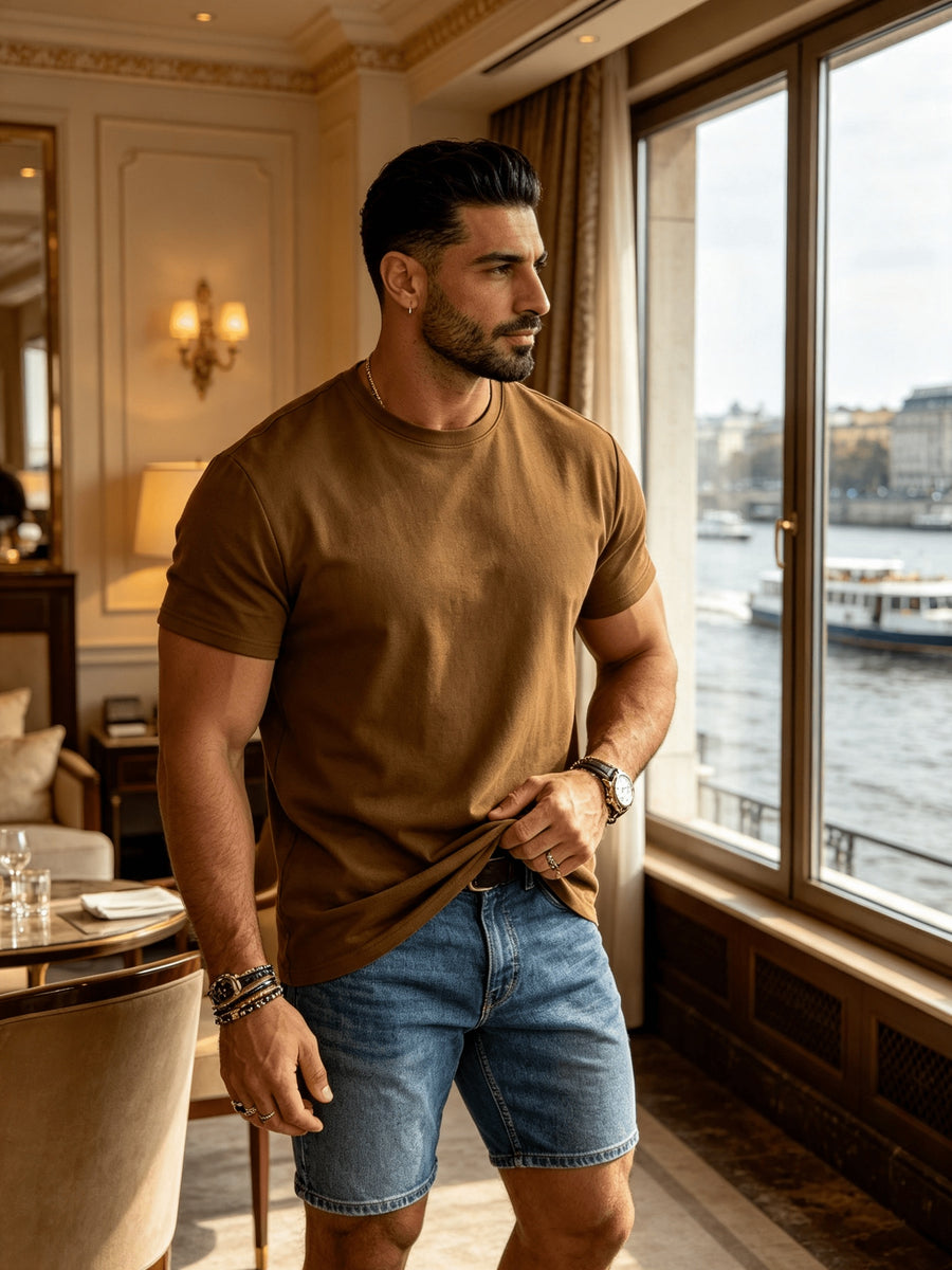 Men's Spring/Summer Solid Color T-Shirt, Short-Sleeve Top, Casual and Breathable, Suitable for Commuting and Outings, Fashionable, Trendy, Simple, and Versatile, a Casual Essential - Coffee Color