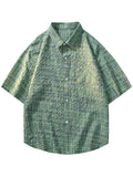 Men's Casual Short-Sleeve Shirt, Bubble Plaid Texture, Loose Fit, Summer Limited Edition! Macaron Plaid Bubble Gauze Shirt, Unisex Loose Short-Sleeve Casual Top, Wrinkle-Resistant and Breathable Loose Fit Casual Wear, Men's Colorful Plaid Shirt - Color-woven check gray-green