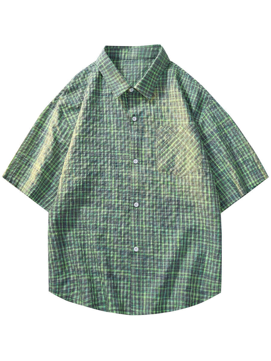 Men's Casual Short-Sleeve Shirt, Bubble Plaid Texture, Loose Fit, Summer Limited Edition! Macaron Plaid Bubble Gauze Shirt, Unisex Loose Short-Sleeve Casual Top, Wrinkle-Resistant and Breathable Loose Fit Casual Wear, Men's Colorful Plaid Shirt - Color-woven check gray-green