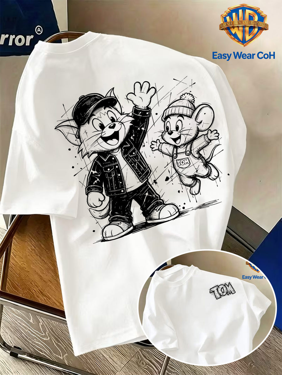 Warner Authorized New Preppy Style Men'S Short Sleeve T-Shirt, Hand-Drawn Sketch Style Cartoon Creative Niche Pattern Print, Chest with "TOM" Letter Sketch, Unique And Non-Mass-Produced, Comfortable Breathable Skin-Friendly Fabric - White