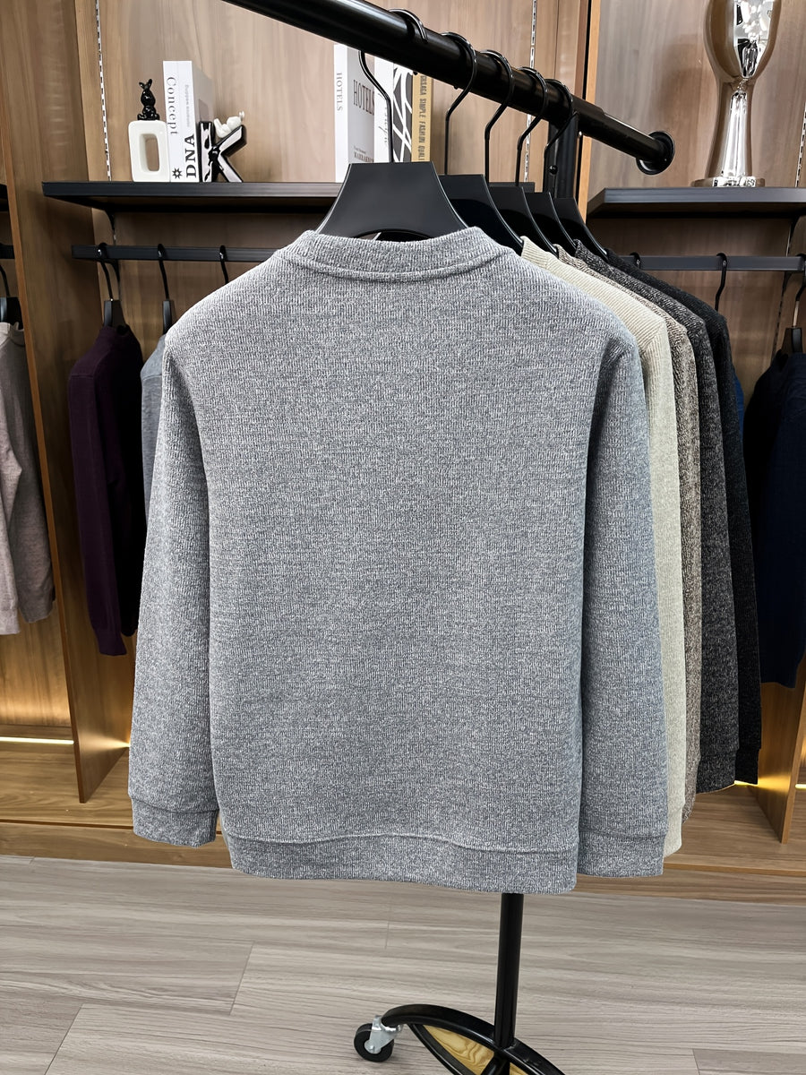 Du Jing Lan OBM 1pc Autumn/Winter New Arrival Men's Knitted Pullover, Old Money Style Solid Color Striped Crew Neck Long Sleeve Knit Pullover, Men's Business Casual Fashion Striped Sweater, Suitable for Layering or Wearing as an Inner Layer - Light Grey