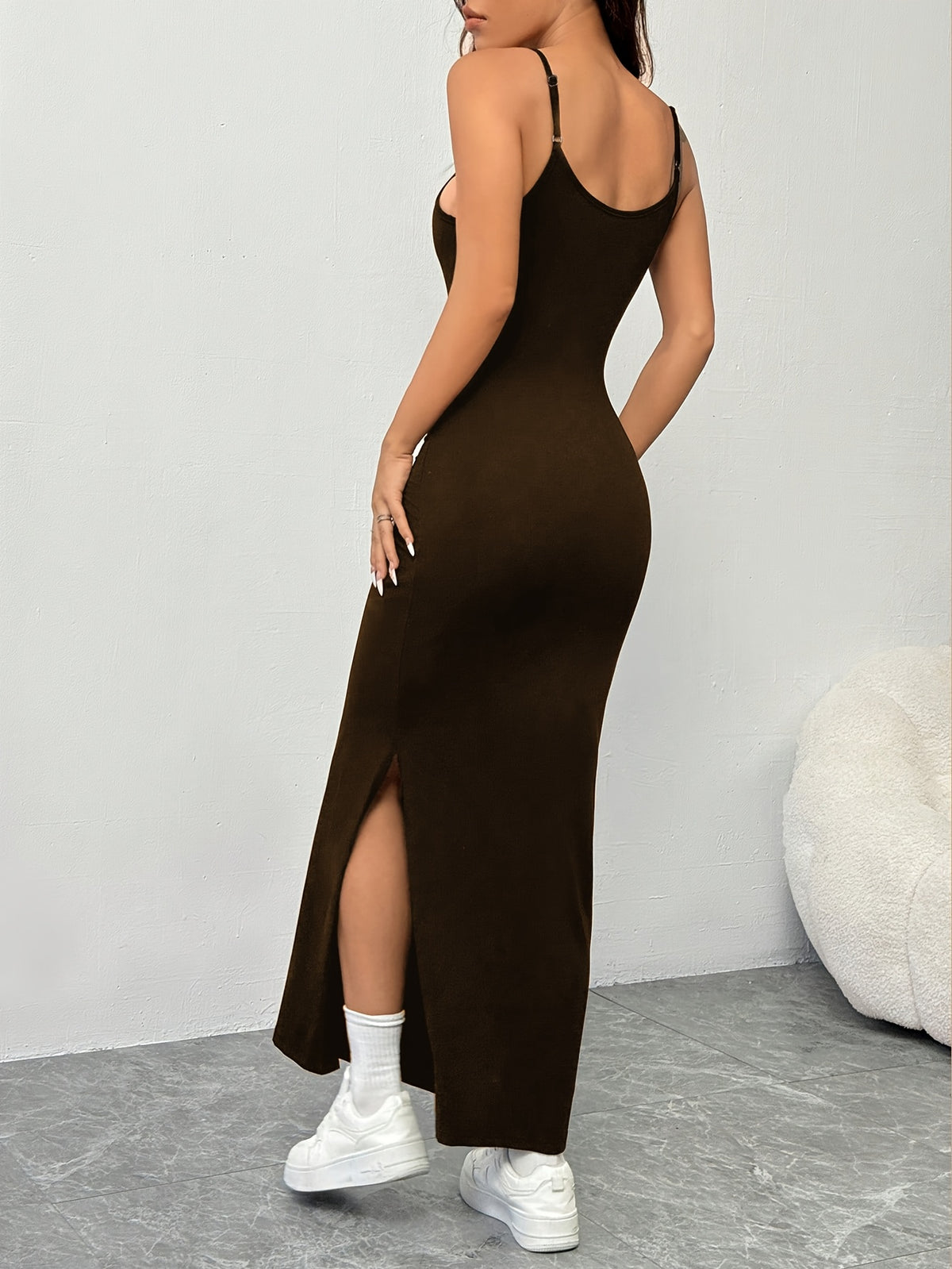 Women'S New Black Soft Bodycon Cami Dress, Side Slit - Coffee Brown