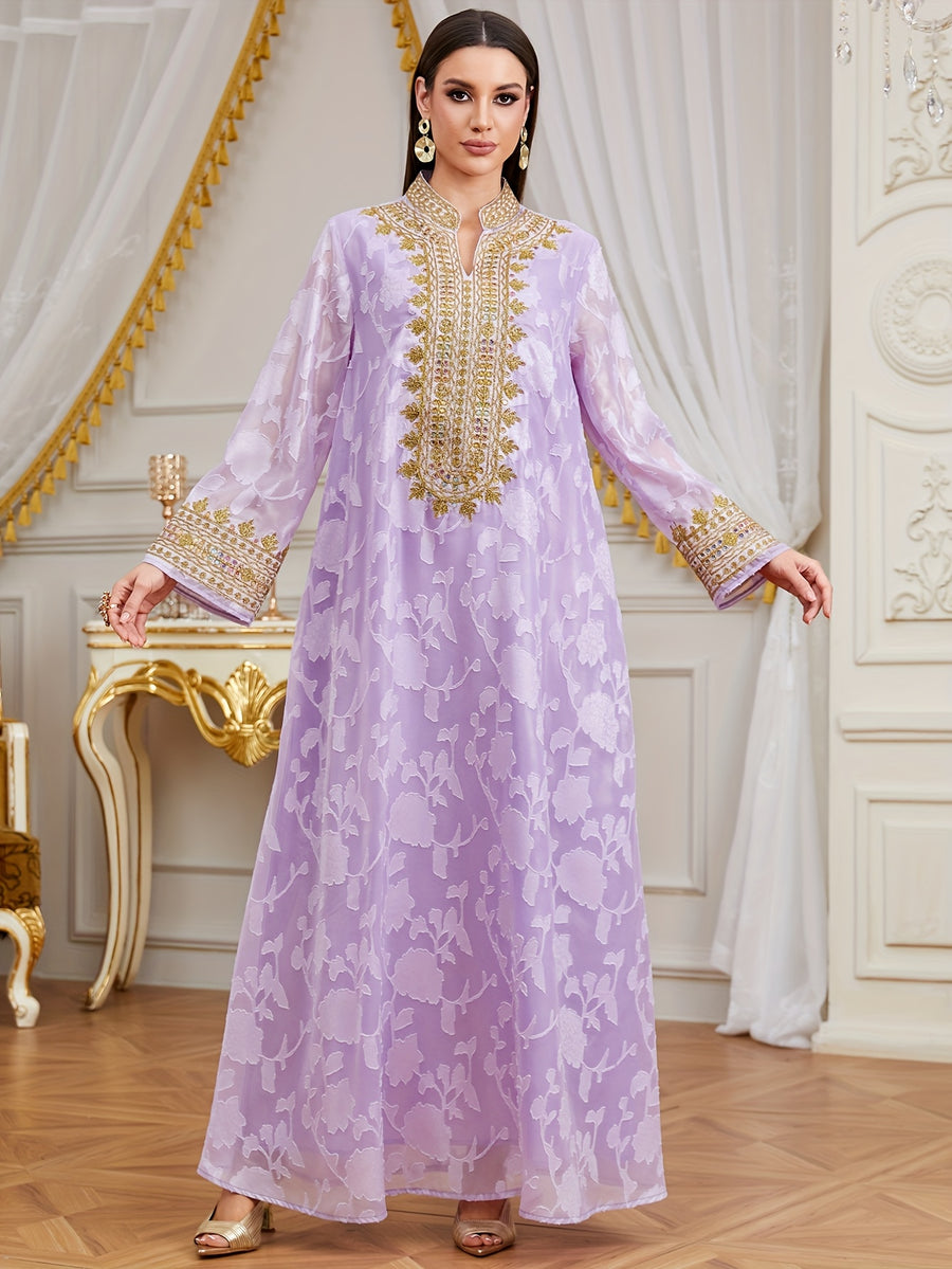 Women's Muslim Middle Eastern  New Rope Embroidery V-Neck Long Dress for Eid Al-Adha and Eid Al-Fitr Banquet Elegant Dress - Purple