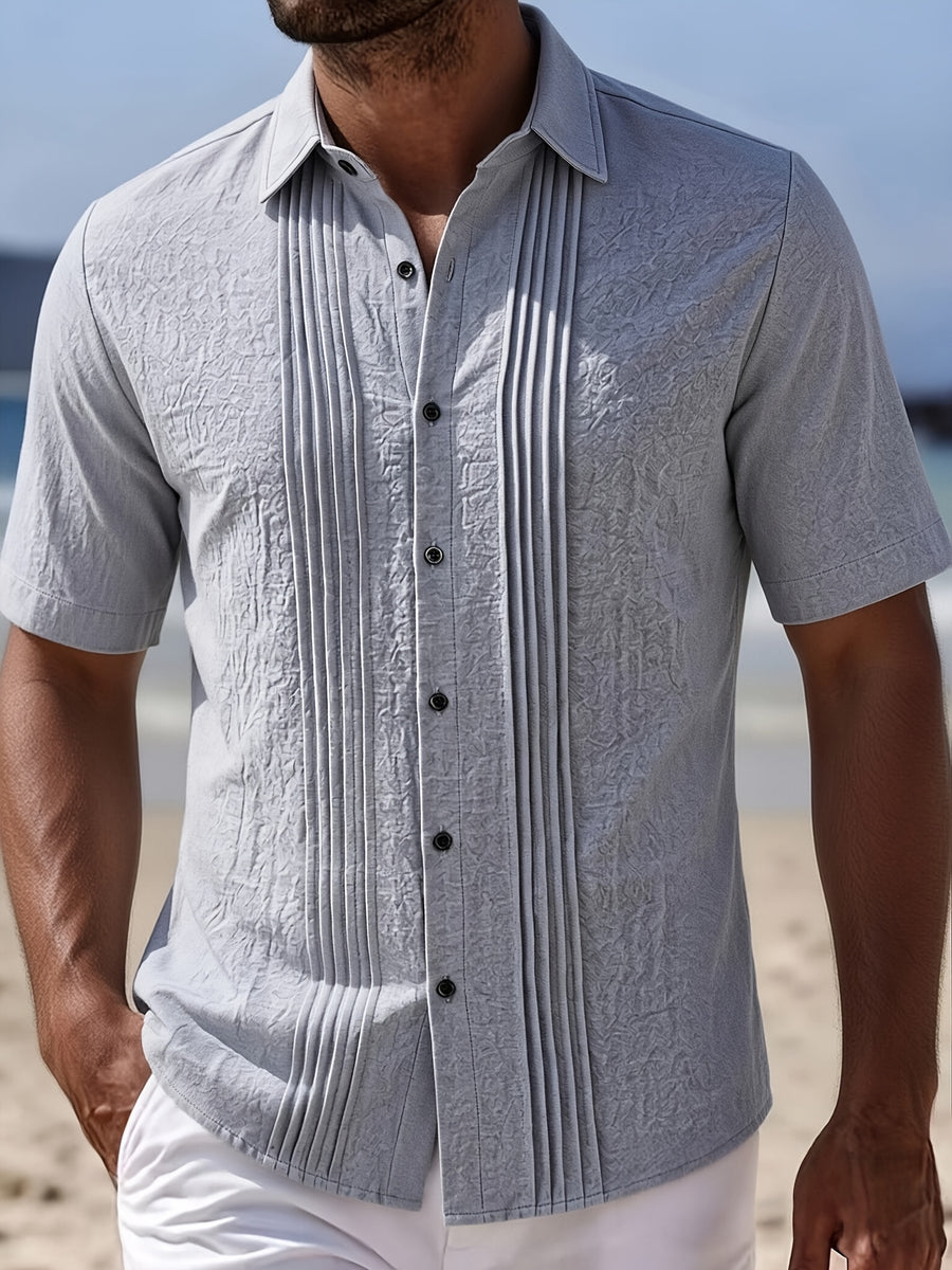Men's Solid Color Button-Up Lapel Collar Short Sleeve Shirt - Breathable Textured Linen Button-Front Collar Shirt Suitable for Beach, Casual & -Casual Wear, Summer Office Outfits - Non-Stretch Button Collar - Light Grey
