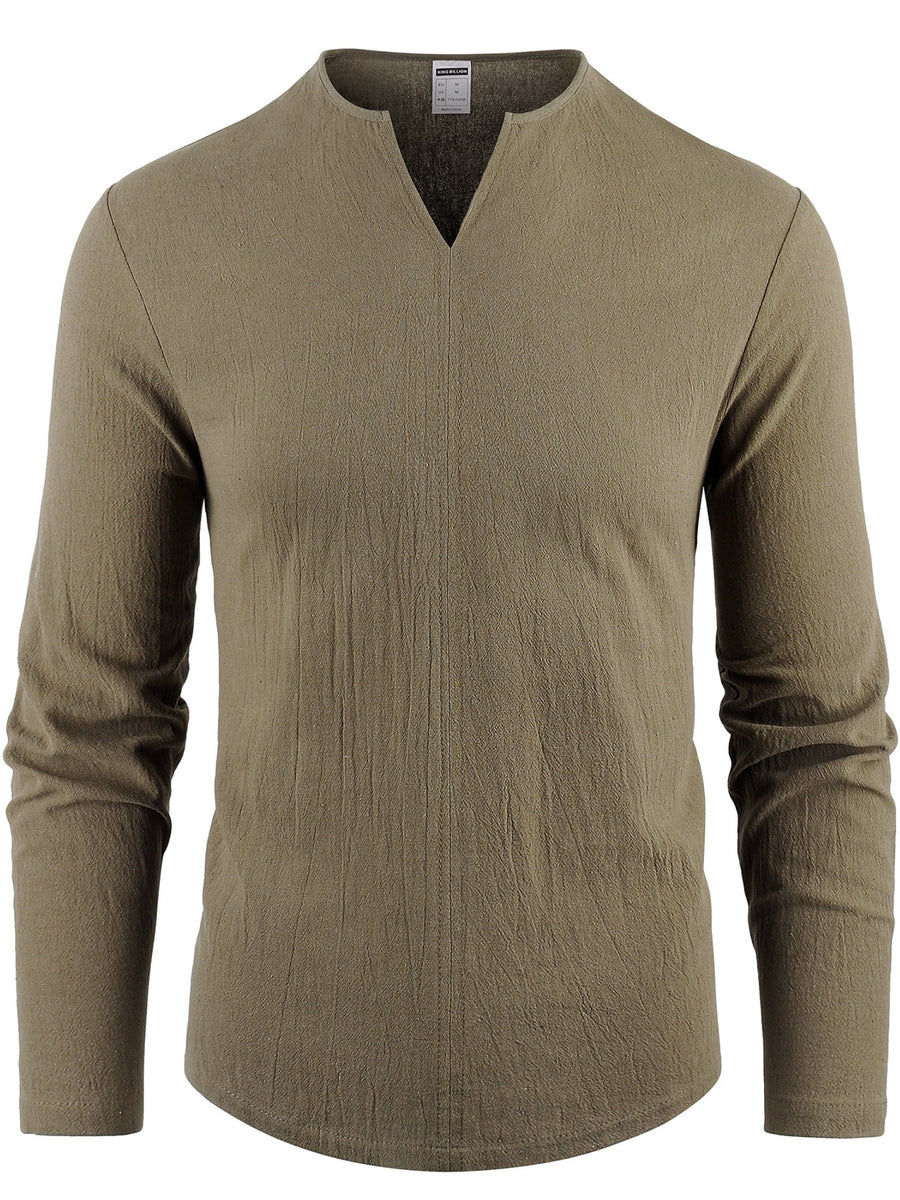 Spring New Men'S Long Sleeve Shirt Solid Color Loose Casual Soft Shirt Basic Daily Fashion V-Neck Men'S Top - Olive Green