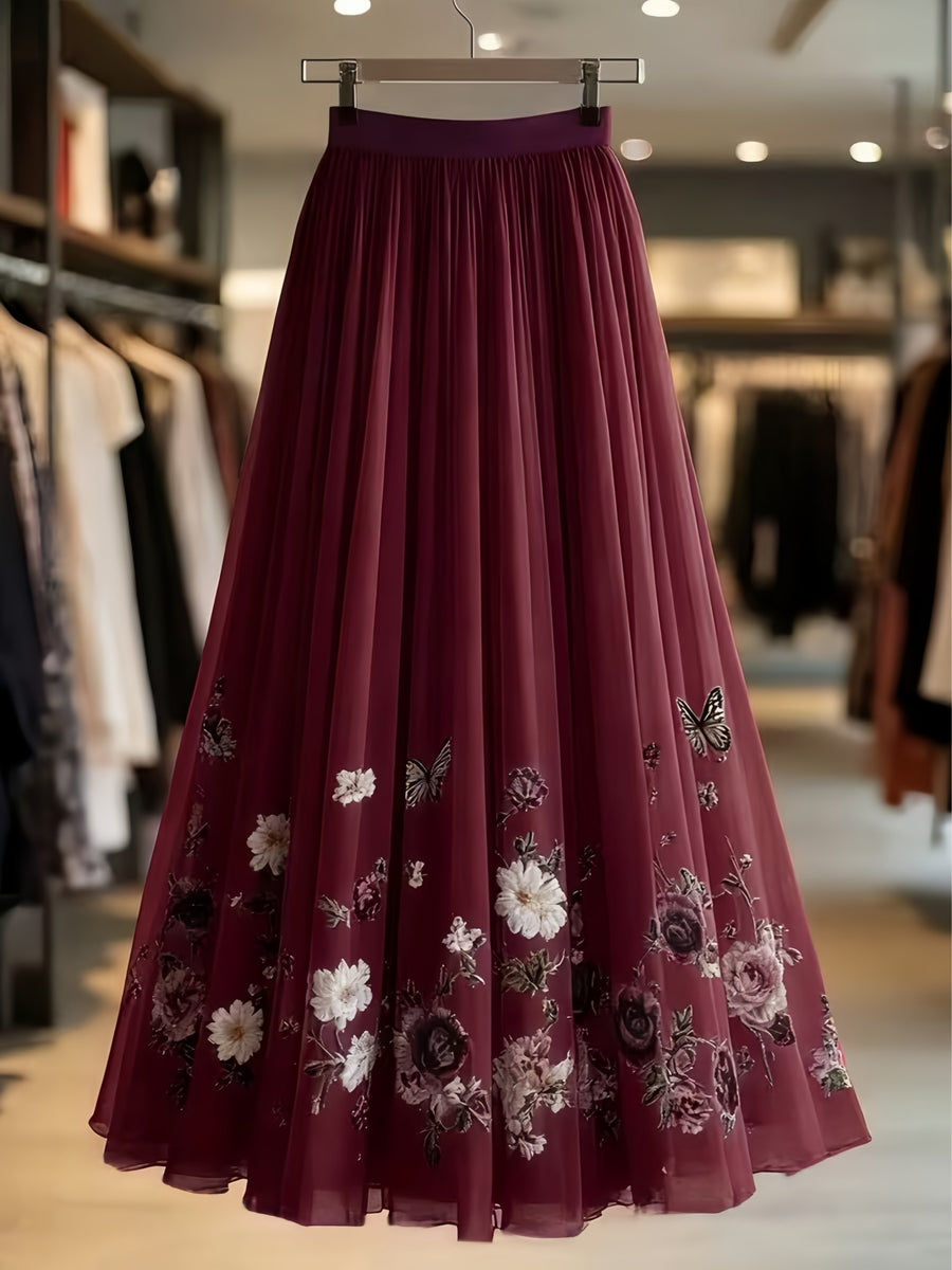 Spring and Autumn Women's Elegant Printed Midi A-Line Chiffon Skirt, Vacation Wear, Party Banquet Wear, Birthday Wear, Wedding Guest Wear, Easter Wear, Carnival Wear, Christmas Wear, Valentine's Day Wear, Holiday Wear, Suitable for Street Outings - Burgundy
