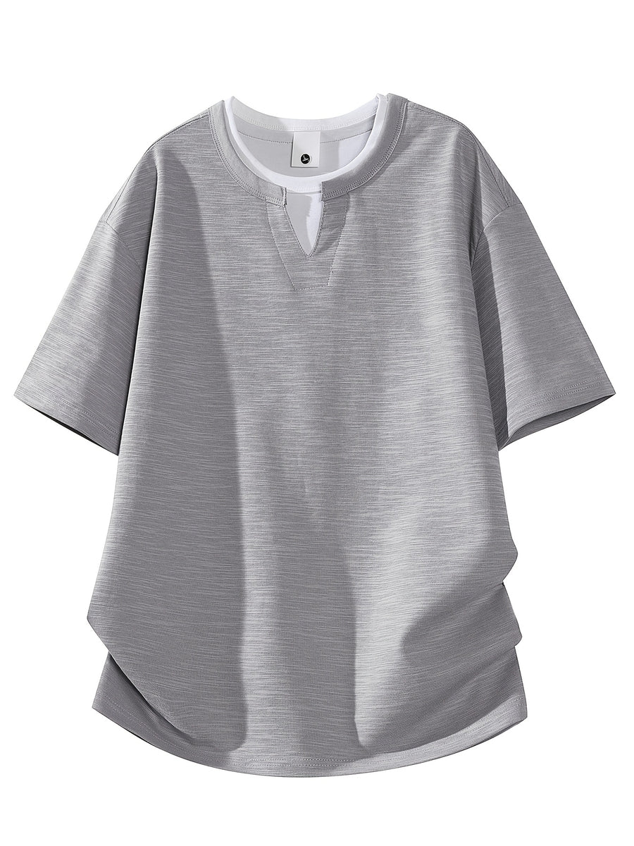 Men's New Bamboo Rayon Knot Pattern Fabric Short-Sleeve T-Shirt, Stylish 2-in-1 Look V-Neck Top, Casual Daily Wear, Suitable for Everyday Outings, Light Commuting, and Other Scenarios - Grey