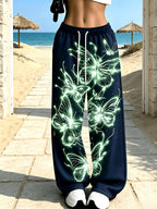 Women's Neon Butterfly Glow-in-the-dark Pattern Jogging Pants with Pockets, Elastic Waistband, and Straight-leg Design - Dark Navy Blue