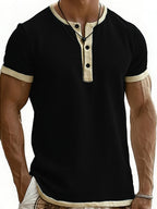 2pcs Men'S Henley Short-Sleeve T-Shirt, Slim-Fit Casual Top, Contrast Color Design, Ideal for Pool Parties, Beach Vacations, And As a Gift for Beachwear, Daily Commute, Casual, Lazy - Black+Navy Blue
