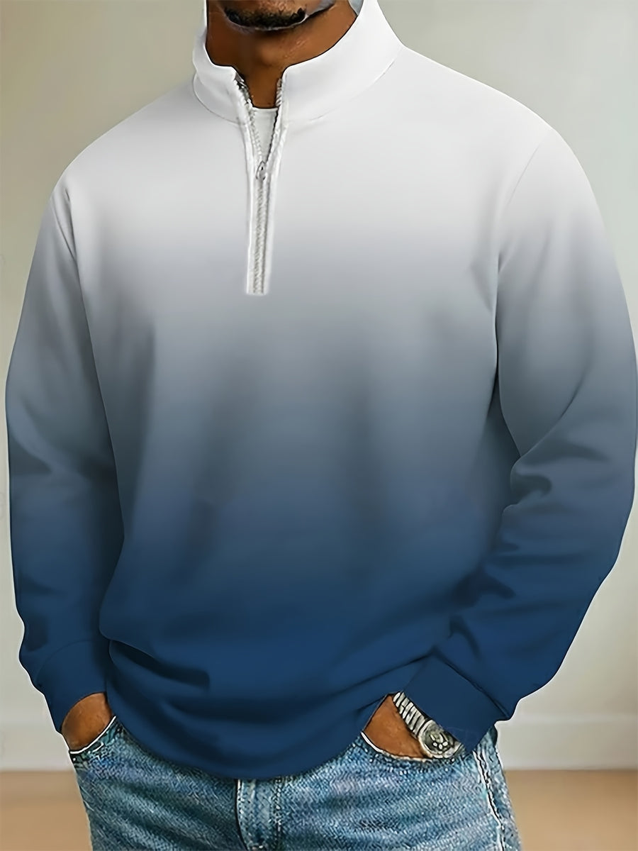 Men's Half-Zip Stand Collar Gradient Print Sweatshirt, Single Pc, Spring/Autumn Casual Pullover Top, Loose Drop-Shoulder Fit, Ribbed Cuffs and Hem, Comfortable Skin-Friendly Fabric, Trendy Gradient Color Pattern, American Casual Style, Plus Sizes - White On Top And Blue On Bottom