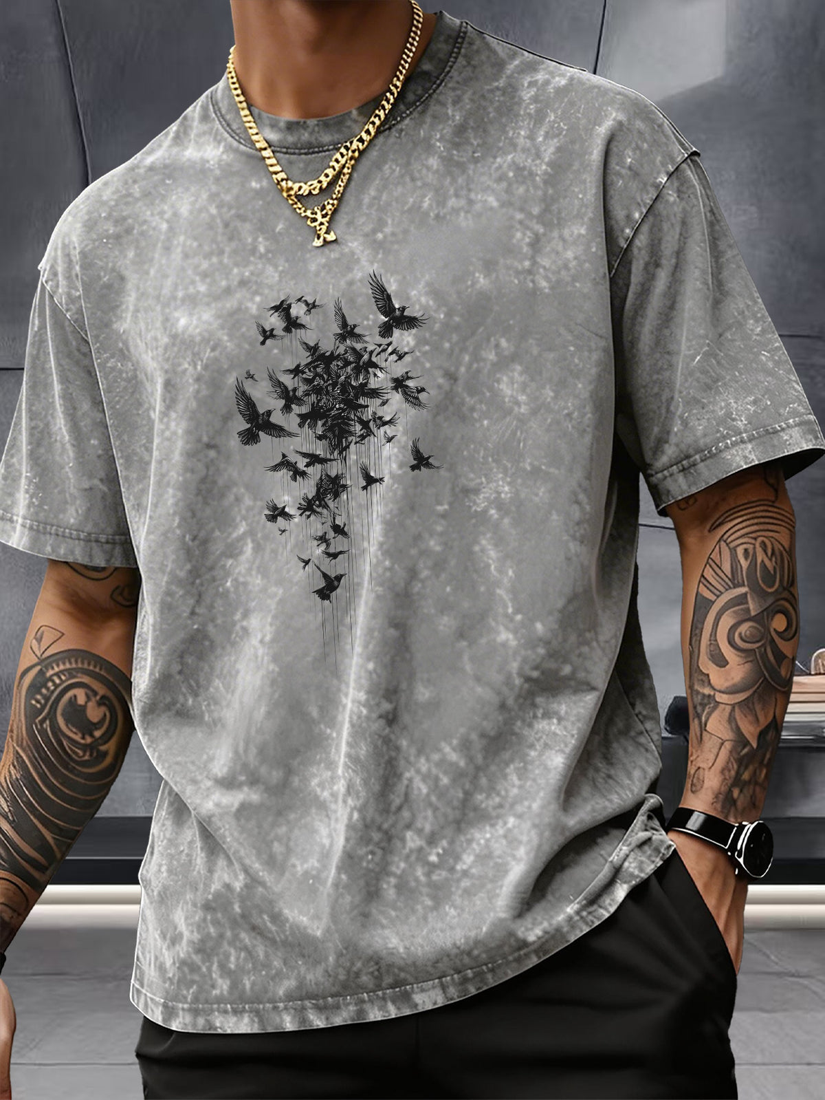 Short Sleeve Top, Pure Washed Distressed Loose Short Sleeve, Raven Flying Bird Front And Back Trendy Print Casual Match, American Street High Street Hip-Hop Couple Style, Daily Outing Commute Sports Fitness Street Style Y2K National Trend T-Shirt - Grey