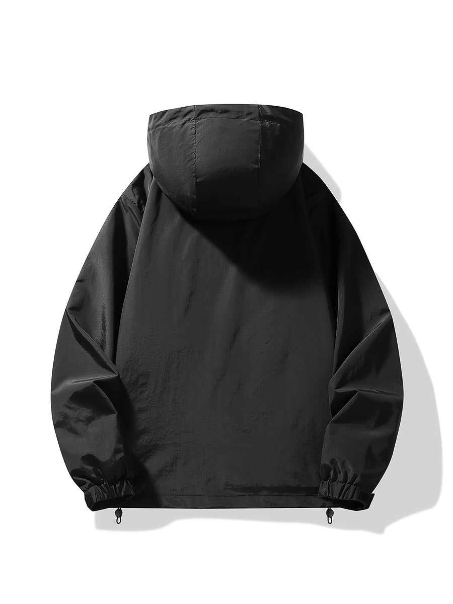 Men's Spring/Autumn Hooded Windbreaker Jacket, Loose Fit Plus Size Trendy Versatile Half-Zip Casual Workwear Jacket, Fashionable Thin Half-Zip Outerwear Suitable for Outdoor Sports, Travel, Hiking, and Adventure Wear - Black