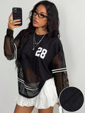 Y2K Women'S Round Neck Casual Breathable Mesh Top with Digital Pattern And Floral Texture, Long Sleeves PB-1049 - Black