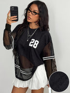 Y2K Women'S Round Neck Casual Breathable Mesh Top with Digital Pattern And Floral Texture, Long Sleeves PB-1049 - Black