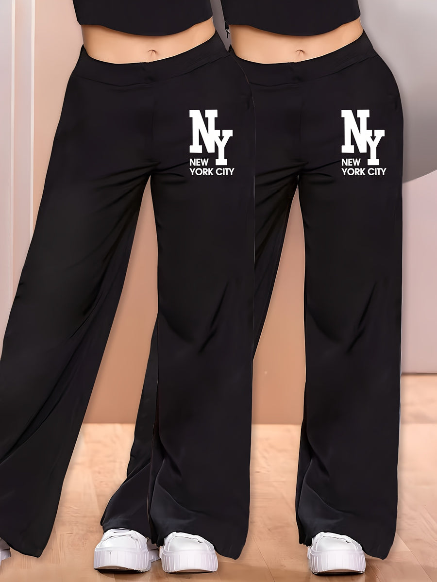 Elegant - 2pcs Women's Wide-Leg Casual Pants, Summer Lightweight Style, Letter Print - Black+black