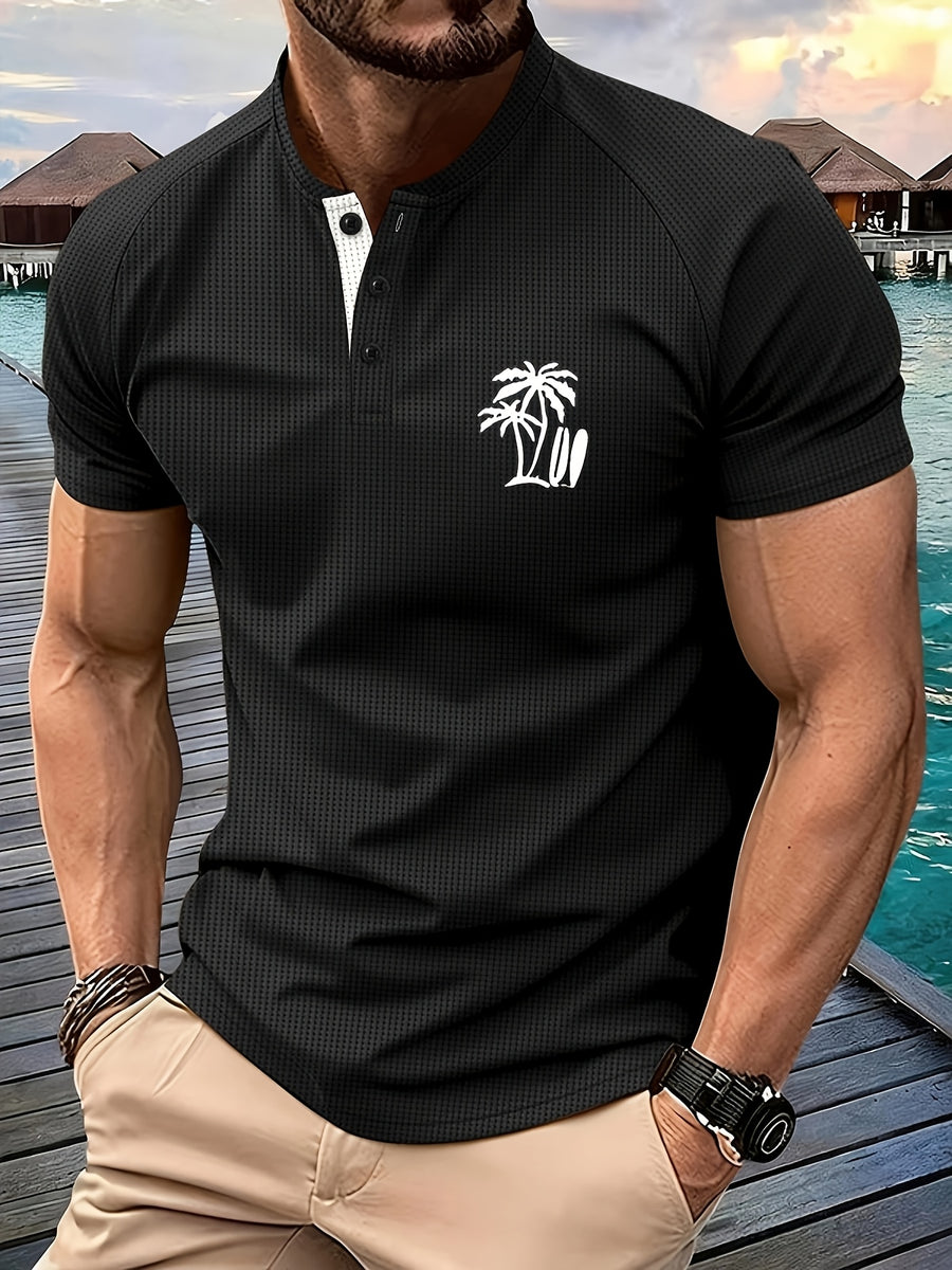 [New Arrival, Print Top] Summer New Men'S Print Waffle Top | T-Shirt, European Style, Business Casual, Breathable And Lightweight, Athletic T-Shirt - Black