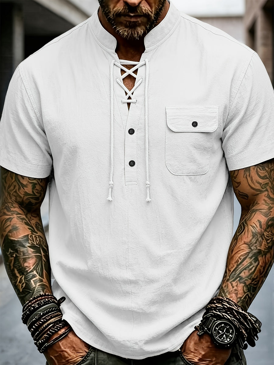 New Men'S Lace-Up Henley T-Shirt, Stand Collar Short Sleeve Casual Pullover with Adjustable Drawstring Neckline And Flap Chest Pocket, Lightweight Relaxed Fit Top for Beach Vacations, Travel, Outdoor Leisure And Everyday Wear - White