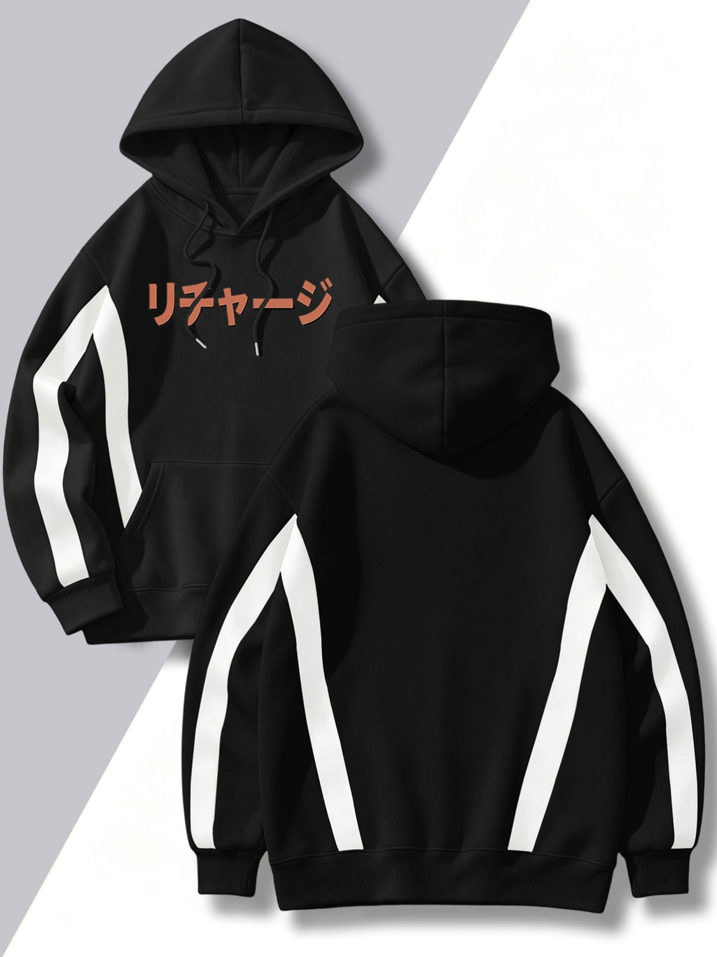 4pcs 2026 Autumn/Winter Men's Street Style Hooded Sweatshirt with Diagonal Contrast Color Line Cutting on Sleeves, Long Sleeves, Adjustable Drawstring, Large Capacity Kangaroo Pocket for Phone Storage, Skin-Friendly and Warm, Versatile Pullover - Black + Black + Black + Black