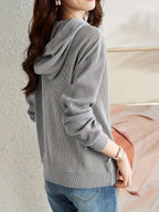 Spring/Autumn Women's Hooded Color-Block Patchwork Casual Commuter Diagonal Color-Block Waffle Texture Daily Commute Top - Light Grey