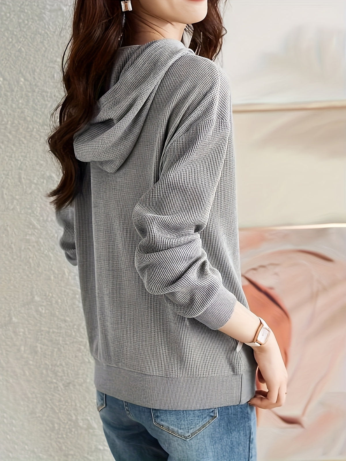 Spring/Autumn Women's Hooded Color-Block Patchwork Casual Commuter Diagonal Color-Block Waffle Texture Daily Commute Top - Light Grey