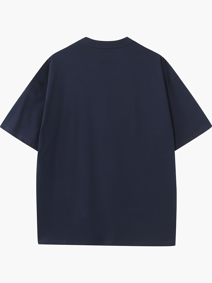 FP032 Summer Style 230g Heavyweight Premium Pure Men's Knitted Short-Sleeve Top, Comfortable and Breathable Summer Style with Foam Print, Fashionable and Trendy, Men's Casual Solid Color Crew Neck Short-Sleeve Base Layer, Drop Shoulder Loose Fit - Navy Color
