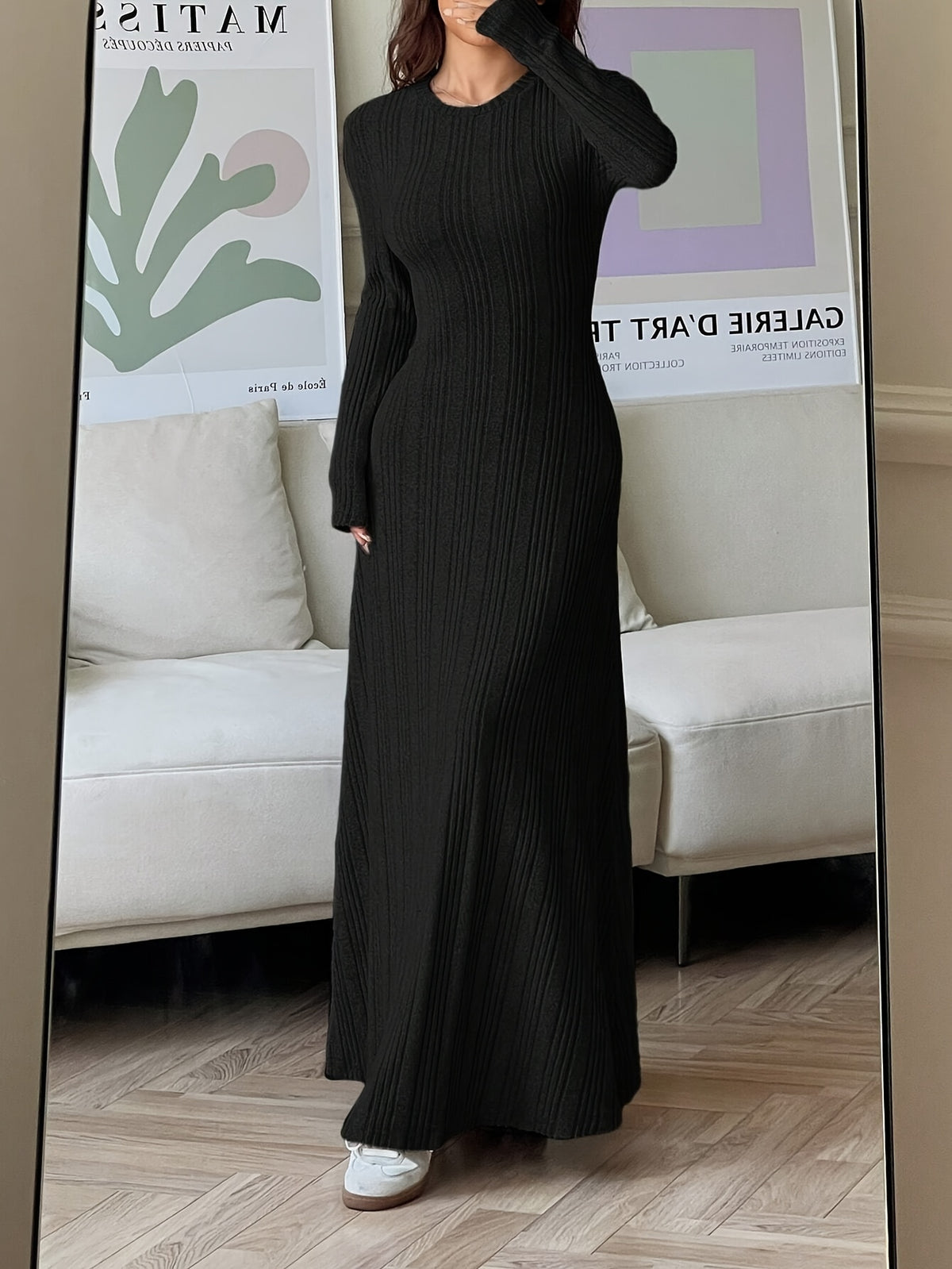 Women'S Casual Solid Color Dress, Round Neck, Autumn/Winter - Black