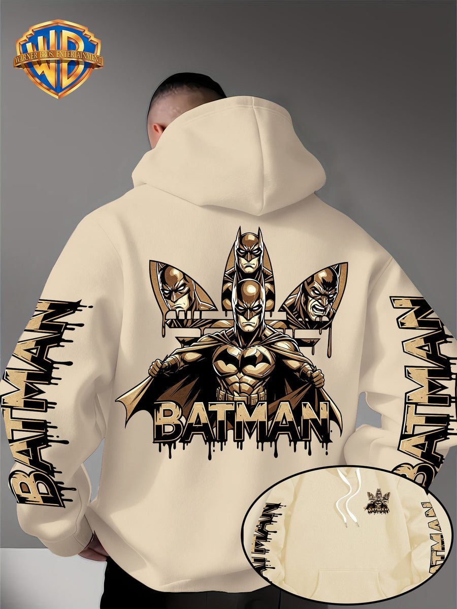 Warner Bros. Official Men's Hooded Sweatshirt - 1pc, Batman BATMAN Vintage Black and Golden Drip Lettering Creative Print, Trendy and Cool DC Superhero IP Graphic Hoodie, Skin-Friendly, Comfortable, and Warm Fabric, Kangaroo Pocket with Ribbed Cuffs - Apricot