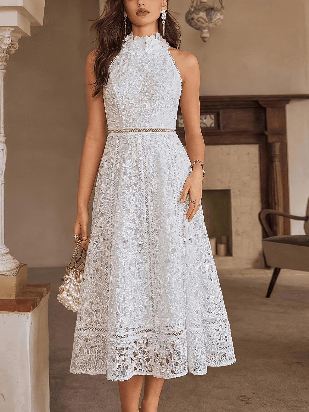 Women'S Halter Lace 3D Floral Neckline Sleeveless French Elegant Light Luxury Elegant Evening Dress - Ivory White