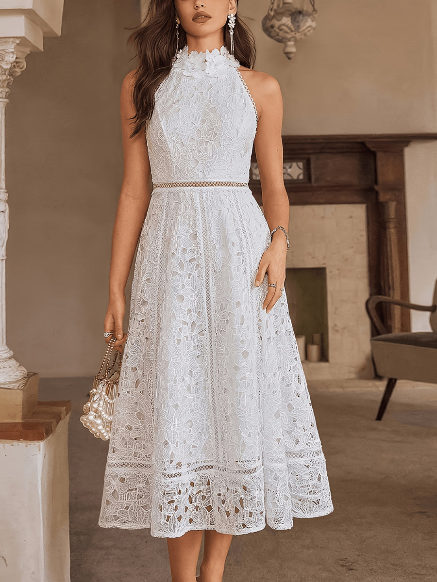 Women'S Halter Lace 3D Floral Neckline Sleeveless French Elegant Light Luxury Elegant Evening Dress - Ivory White