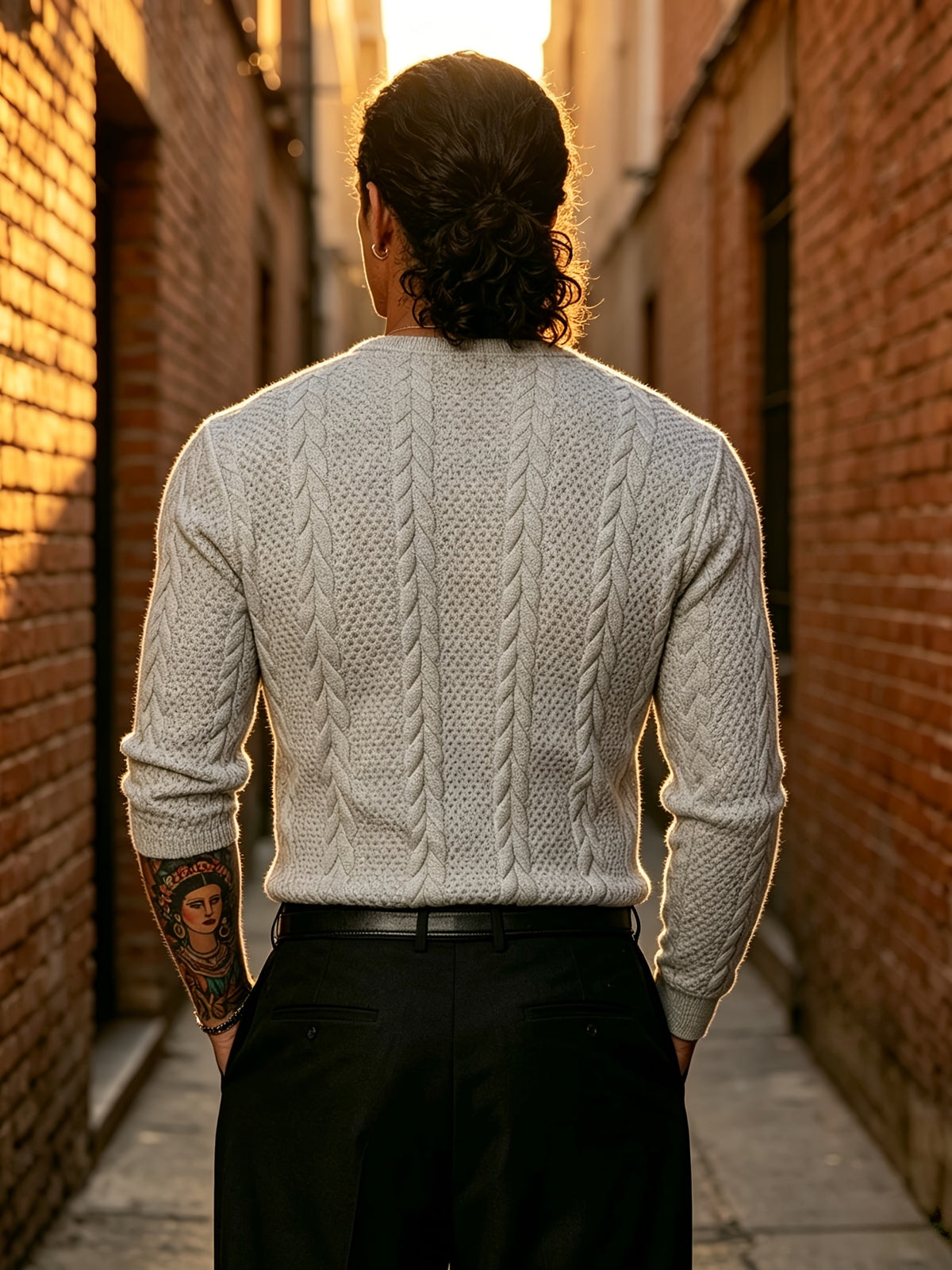 Back-To-School Season Men'S White Stretch Knit Long Sleeve Top, Henley Collar Pinstripe Textured Button-Up Shirt, Light Mature Korean Style Outfit, Early Autumn Fitted Style, Campus Outing And Weekend Shopping Knitwear - Light Grey