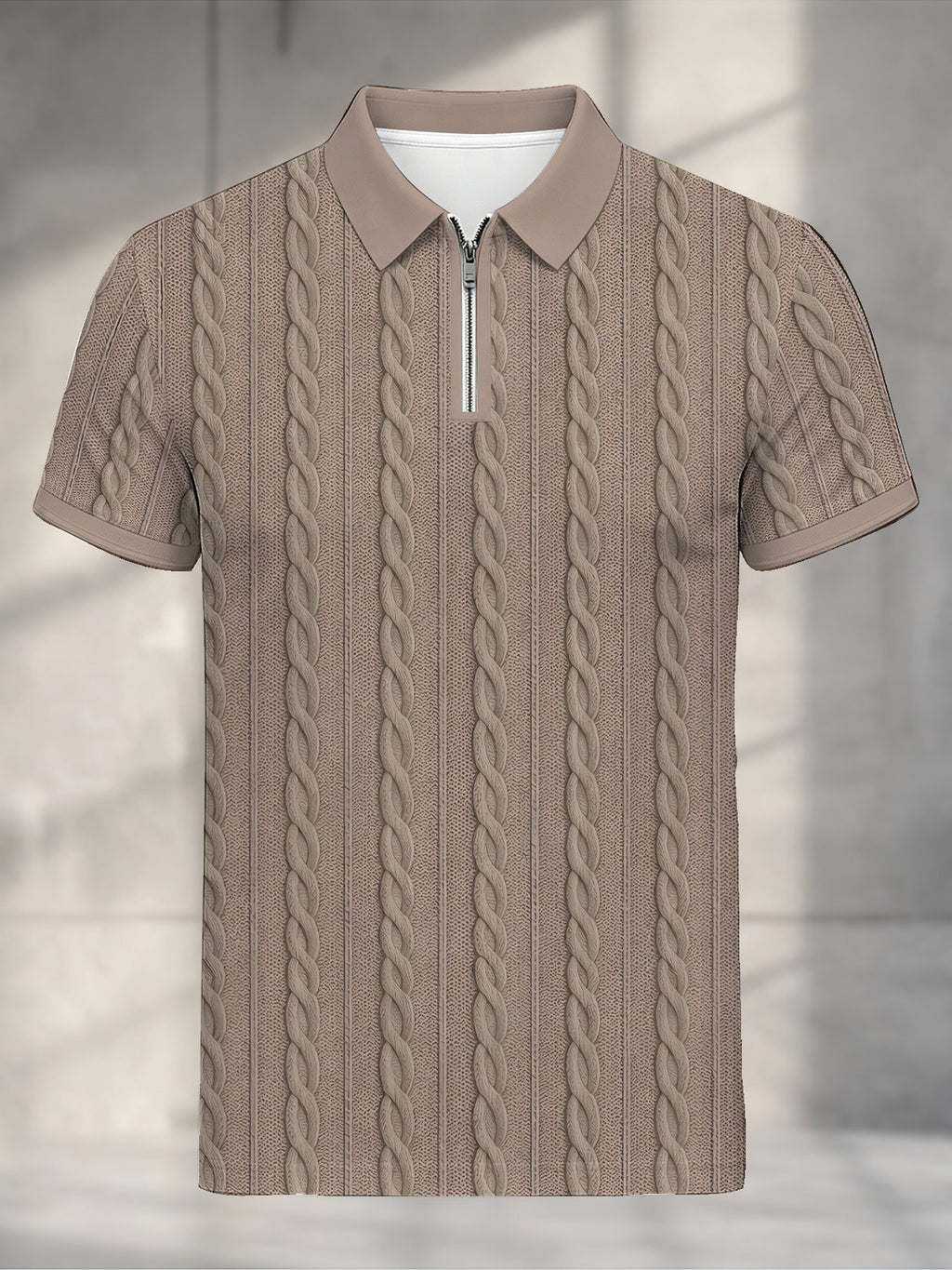[Printed Design - Not Textured] Men'S Short Sleeve Zip Polo Shirt, Khaki Cable Knit Inspired Vertical Stripe, Digital Print, Zip Placket, Polo Collar, Polyester, Casual, Daily Commuting Weekend Leisure, Summer - Mixed colors