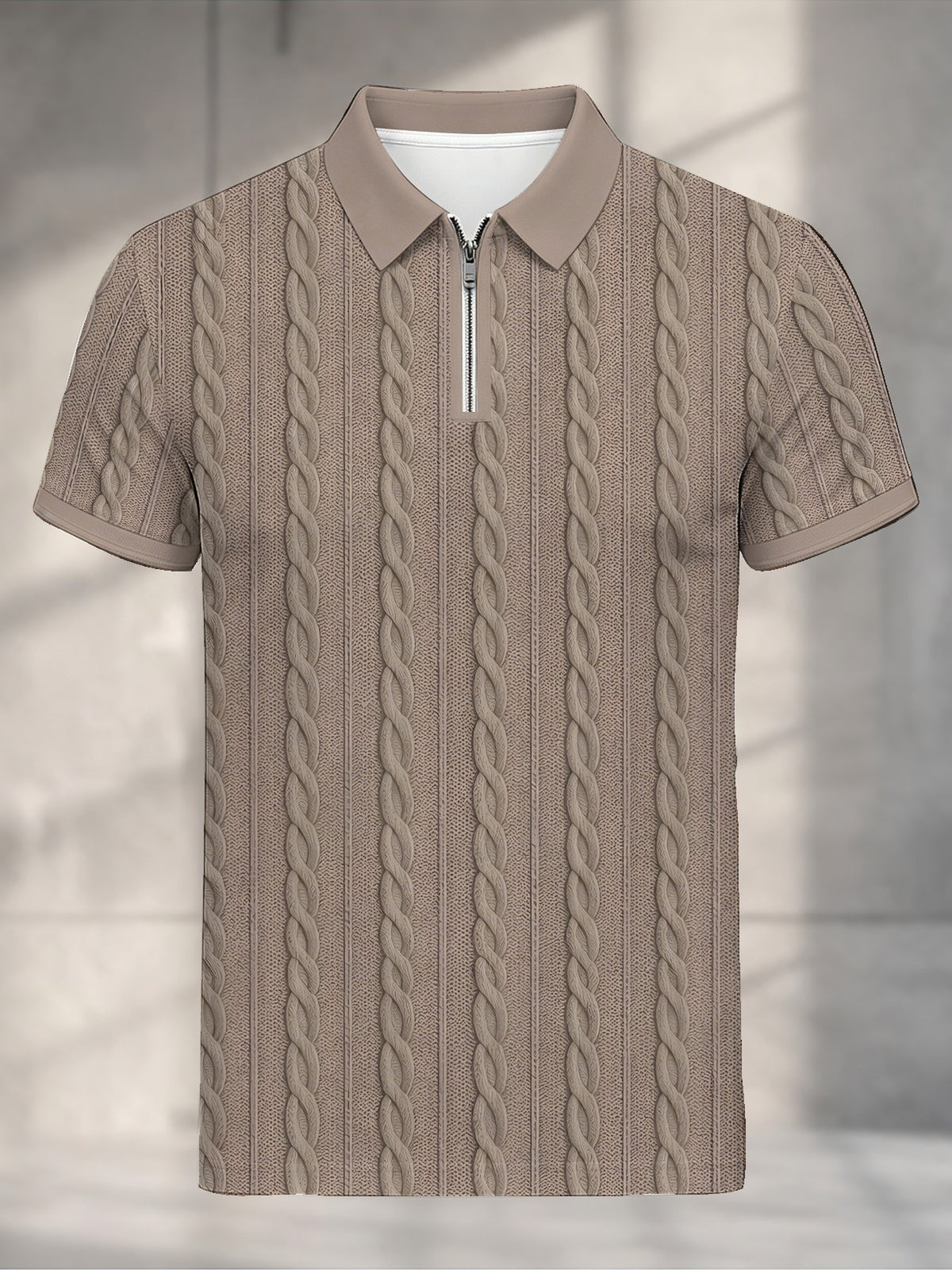 [Printed Design - Not Textured] Men'S Short Sleeve Zip Polo Shirt, Khaki Cable Knit Inspired Vertical Stripe, Digital Print, Zip Placket, Polo Collar, Polyester, Casual, Daily Commuting Weekend Leisure, Summer - Mixed colors