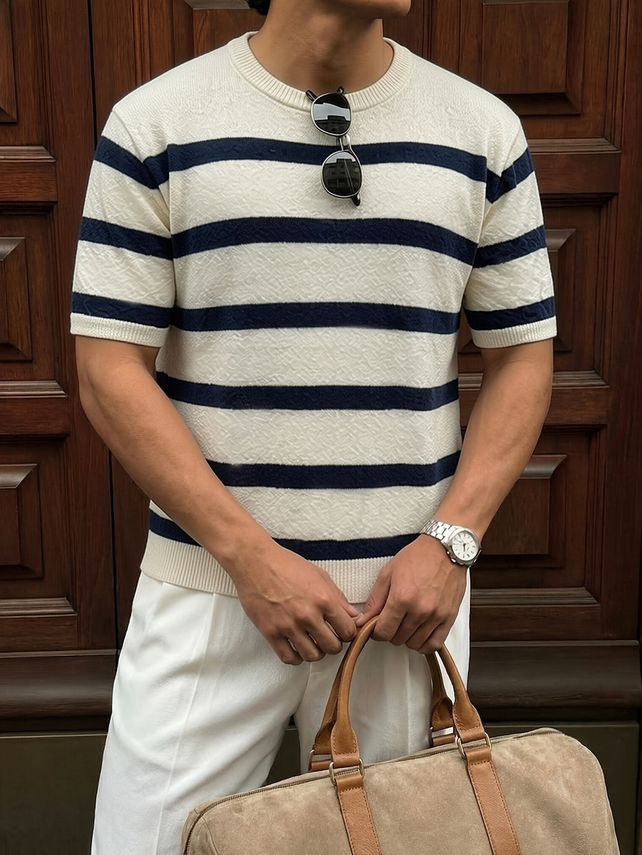 New Summer Fashion Trend: Stylish, Versatile, and Comfortable Men's Knitted Pullover. Casual Business Style Striped Contrast Color Crew Neck Men's Knitted Short Sleeve. Suitable for Work, School, Vacation, and Commuting Outfits - White