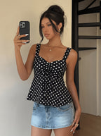 Women's Summer Drawstring Spaghetti Strap Tank Top - Black Polka Dot Print, Elegant Casual Style, Simple and Versatile, Suitable for Outdoor or Home Wear, Cute and Innocent Girly Style, Ruffled Bow Top - Black