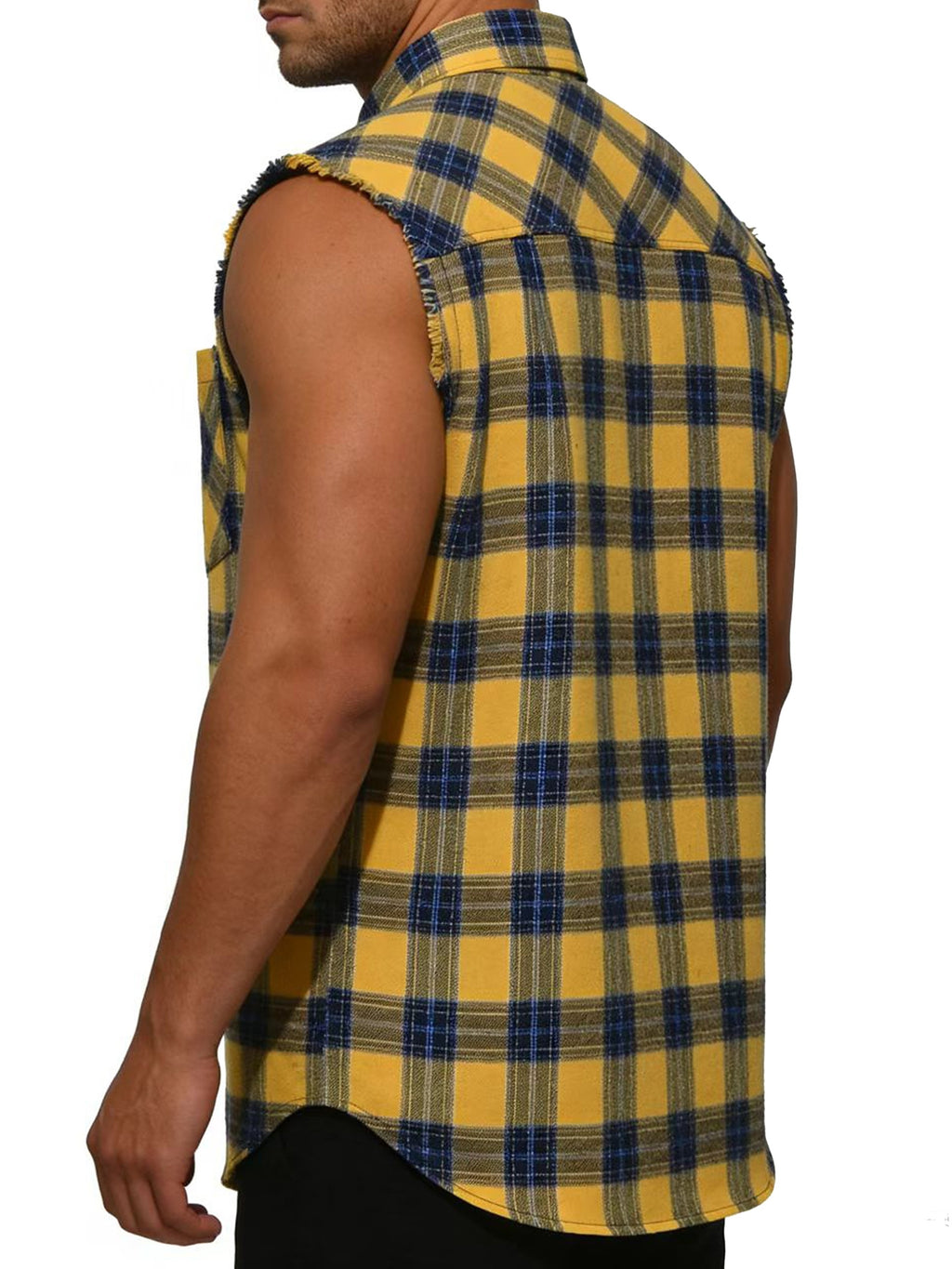 Men'S Summer Casual Shirt, Sleeveless Yellow And Blue Checkered Top - Lemon Yellow