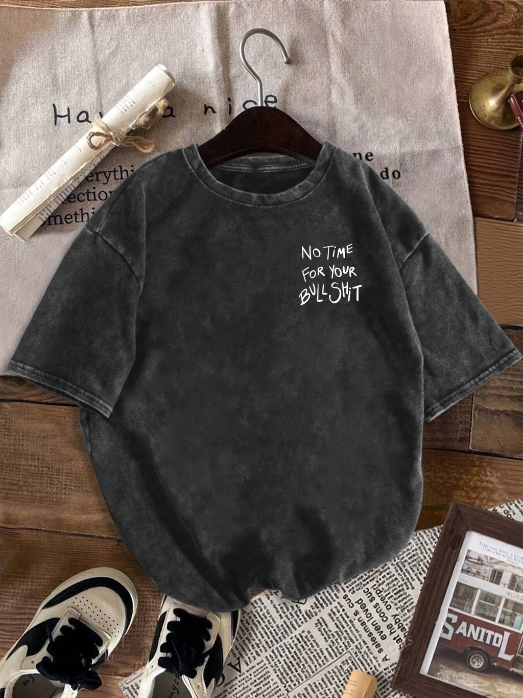 Retro "No Time for Your Nonsense" Graphic T-Shirt - Small Round Neck Short Sleeve Casual Top with Lettering, Machine Washable Suitable for Summer Daily Wear & Layering, Non- Blouse Style (Immediate Shipment) - Black