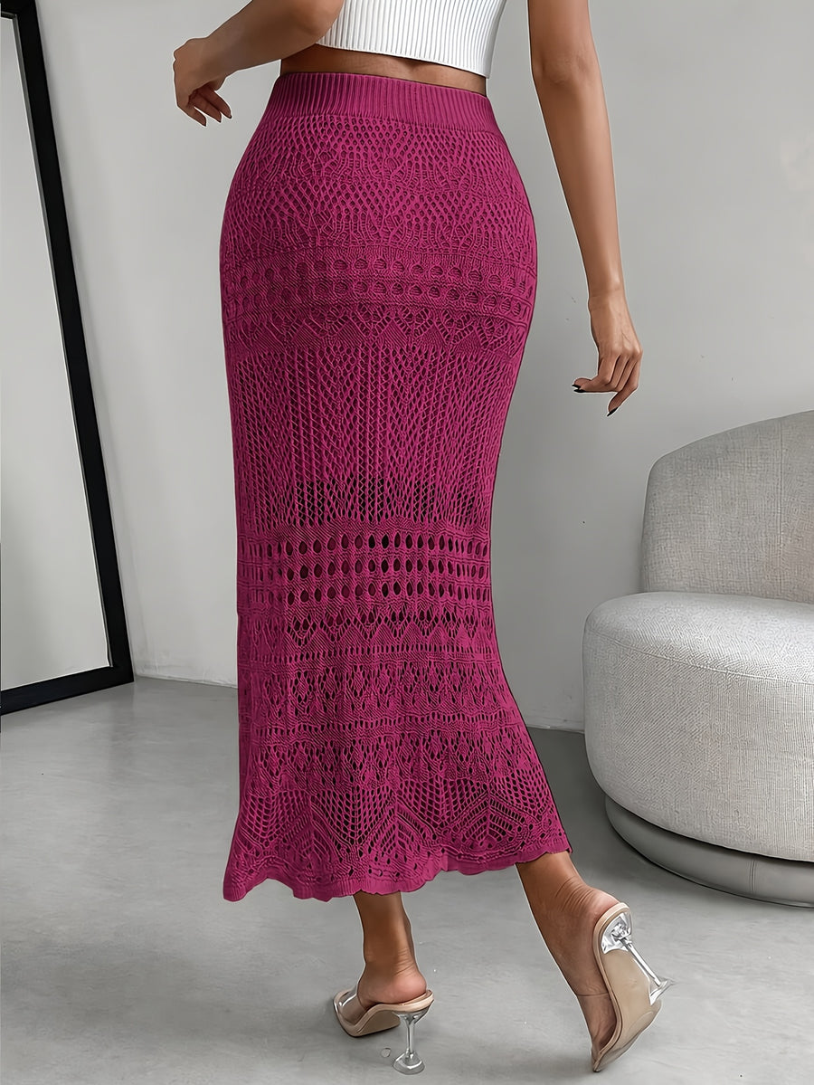Women's Solid Color Hollow-Out Long Elegant Dress, Suitable for Summer, Spring, Summer Beach Vacation Style, Daily Casual Wear - Rose Red