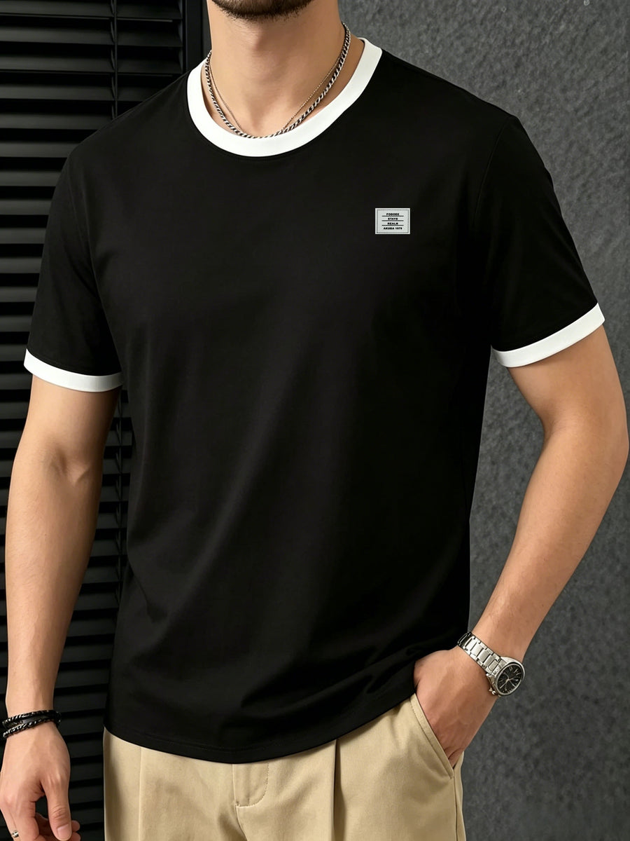 Men's 95% Polyester T-Shirt with Color-Block Patch & Badge Detail - Crew Neck Base Layer Suitable for Casual, Sportswear, All-Season Wear, Machine Washable, High-Fit Regular Fit Top for Layering and Everyday Use - Black And White