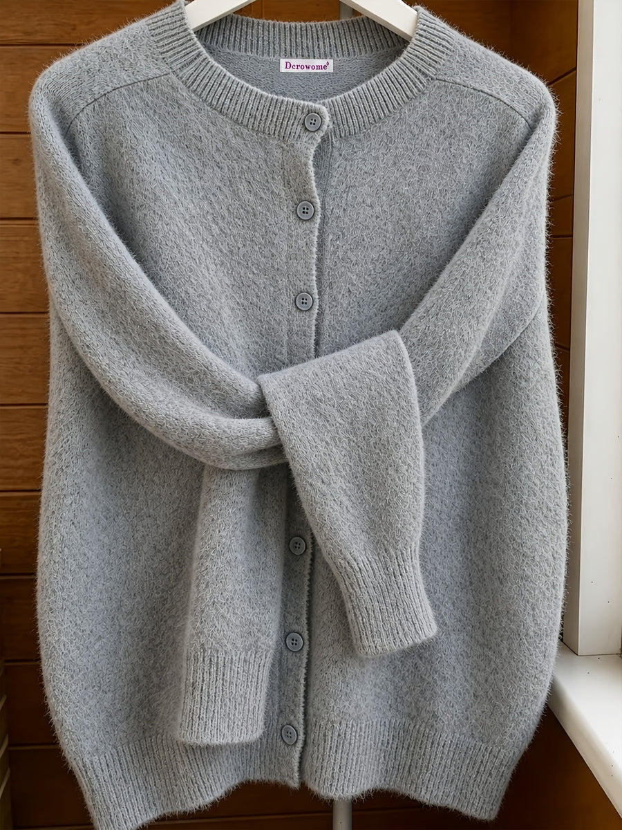 Spring Autumn Solid Color Round Neck Button Sweater Open Cardigan, Loose Casual Fashion Versatile Jacket, Soft Comfortable Elegant Women'S Top - Dark Gray