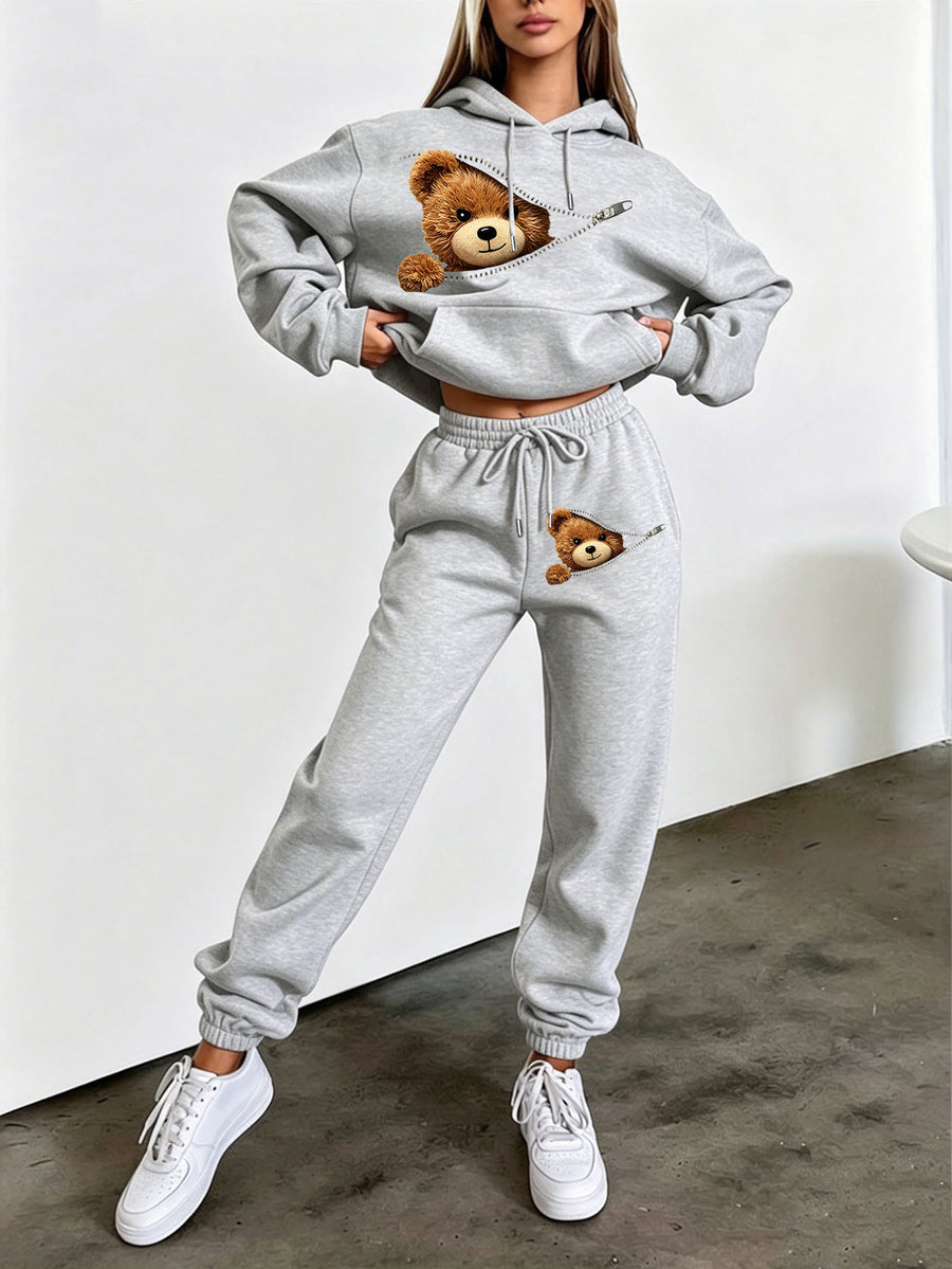 Autumn Winter Trendy Fashion Hooded Drawstring Sweatshirt And Joggers Women'S Set Zipper Bear Print Trendy Play Style Cold Weather Comfortable Outfit Classic Silhouette Comfortable Fit Casual Home Outing Two-Piece Set - Light Grey