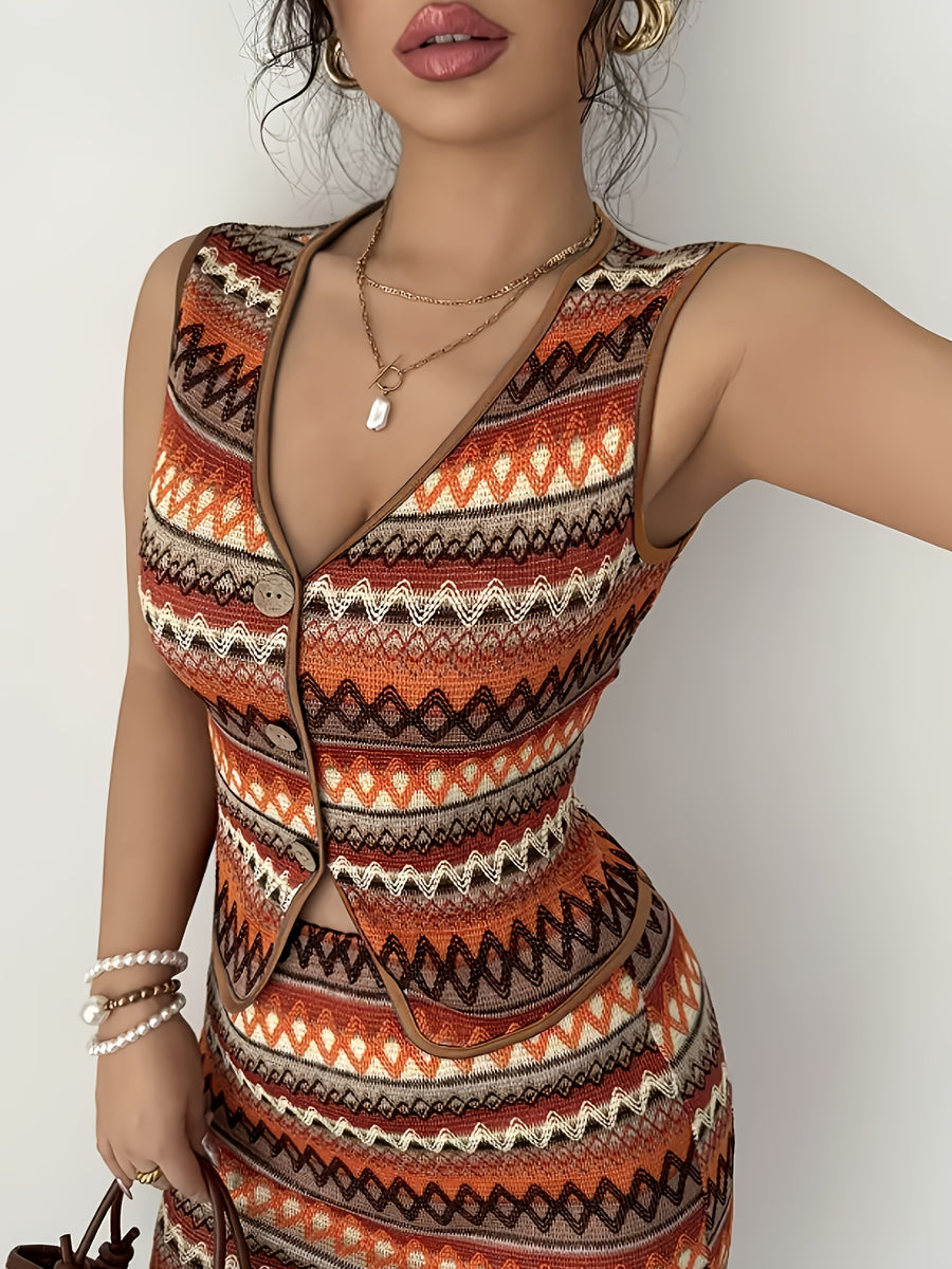 Stylish Casual Striped Vacation Style Sleeveless Top and Skirt Two-Piece Set - Mixed colors