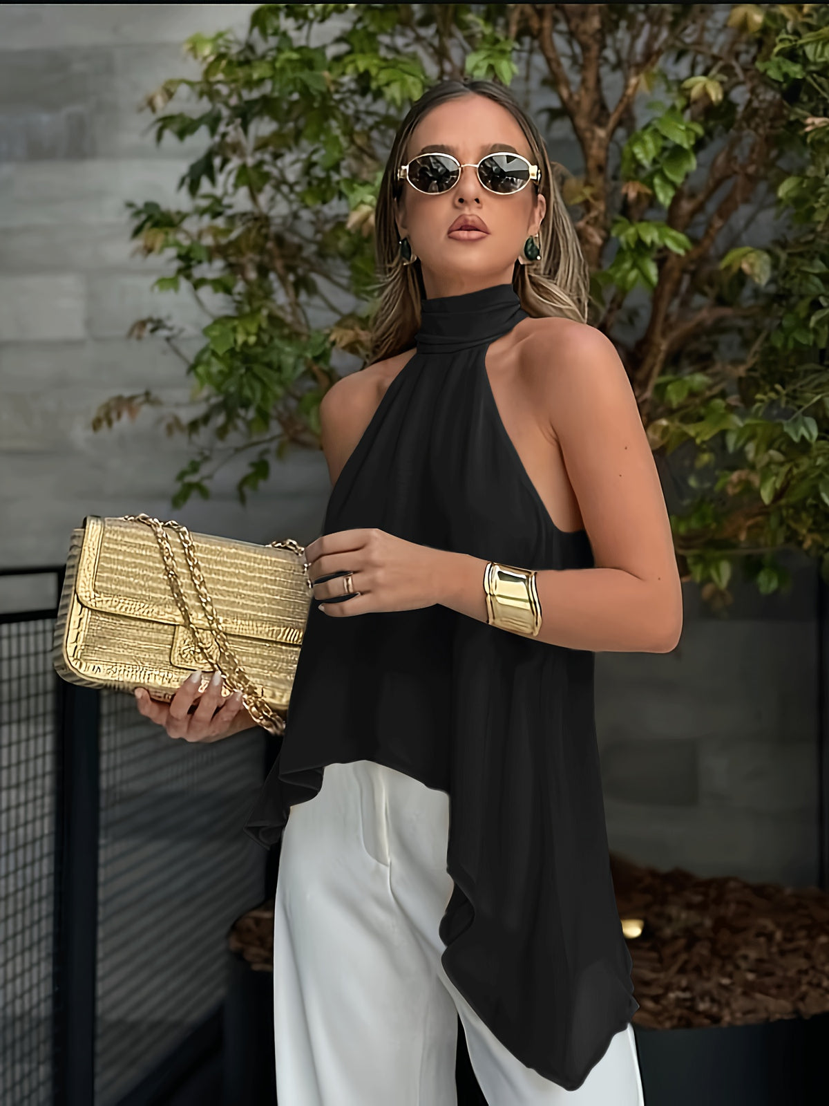 Sexy Halter Back Tank Top New Temperament Ribbon Design Aesthetic Back Satin Sleeveless Top - Black