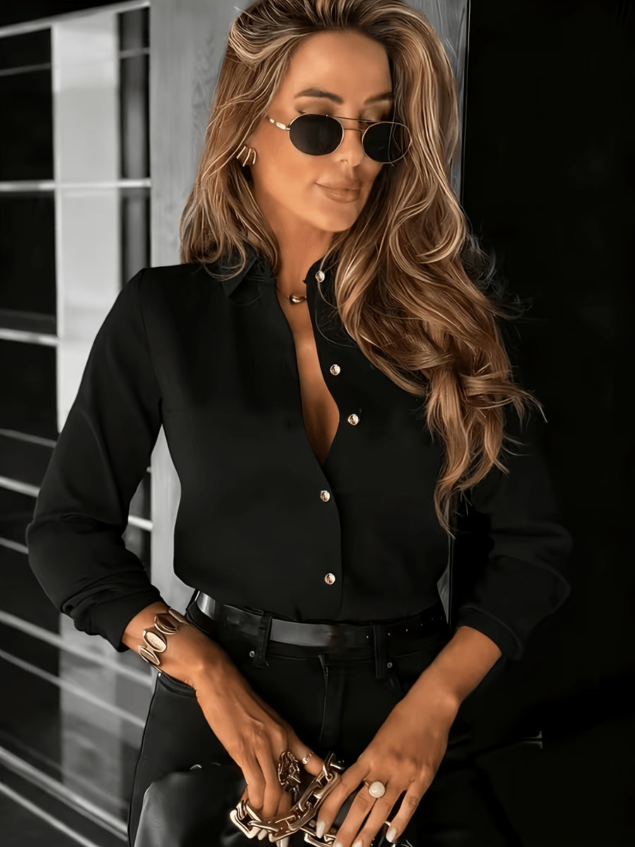 Women'S Fashion Casual Elegant Solid Color, Daily Commute Versatile Top Shirt - Black