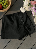 Women's Casual Daily Commuter Simple Solid-color Belted Slit Culottes, Summer Comfortable Breathable Short Skirt Half Skirt - Black