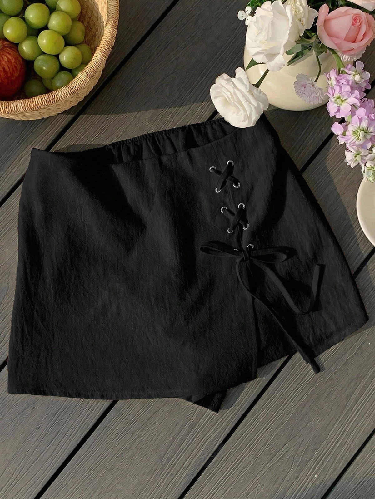 Women's Casual Daily Commuter Simple Solid-color Belted Slit Culottes, Summer Comfortable Breathable Short Skirt Half Skirt - Black